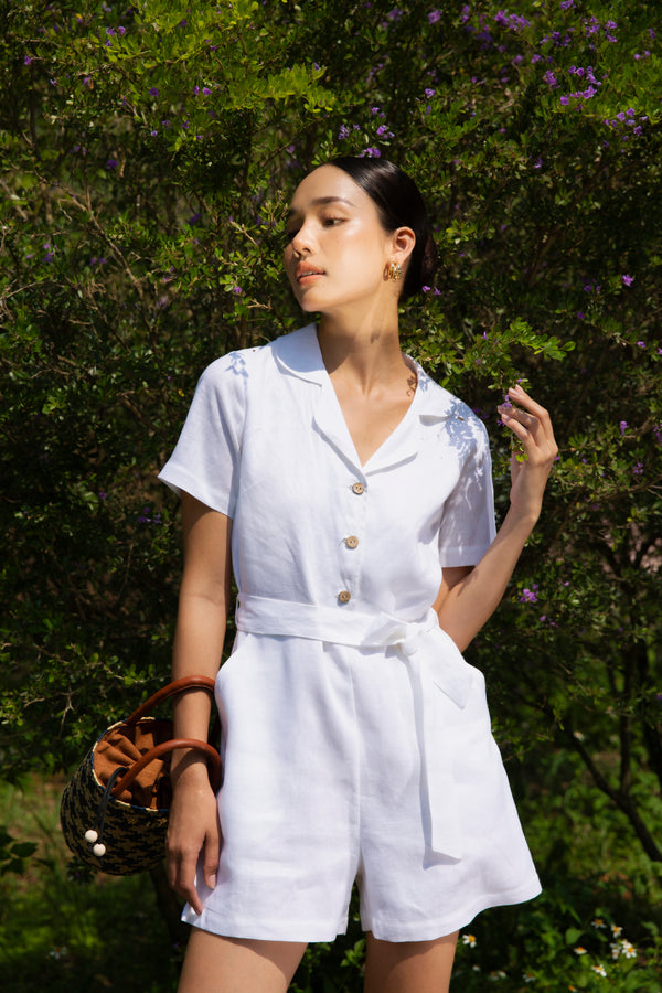 Cream Vest-Collar Belted Jumpsuit