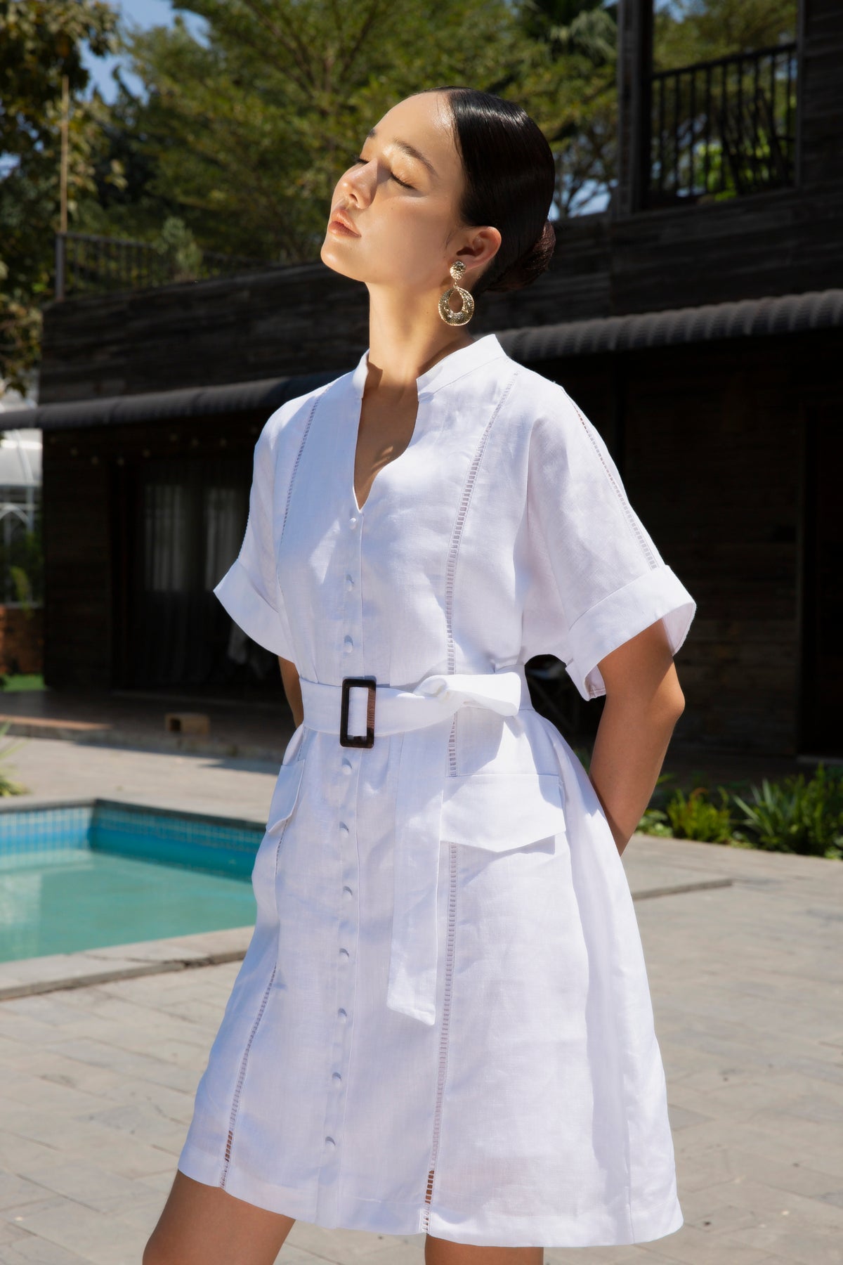 Mandarin Linen Belted Dress