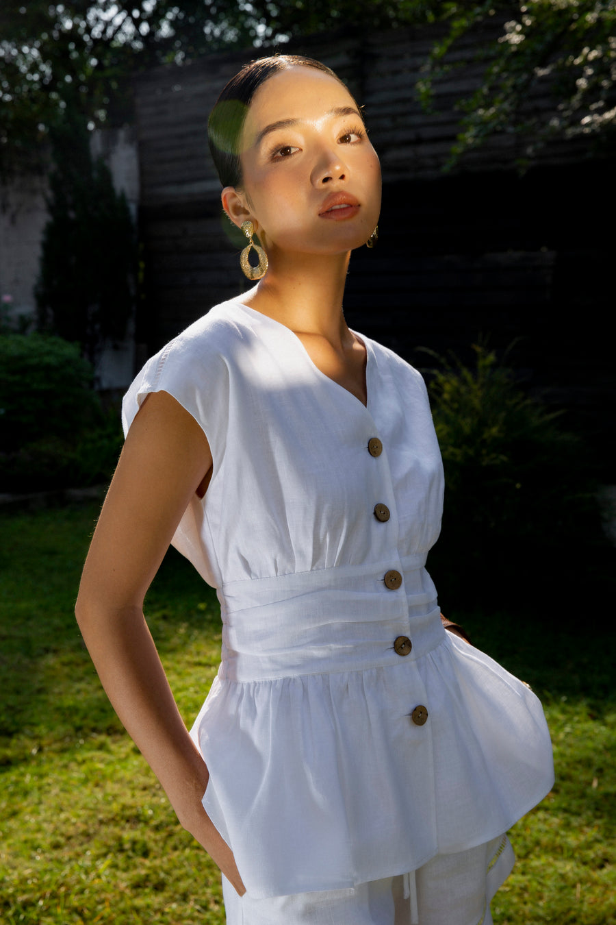 Gathered-Waist Linen Top