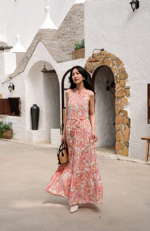 Blush Coral Botanical Halter Maxi Dress