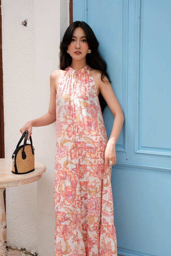 Blush Coral Botanical Halter Maxi Dress