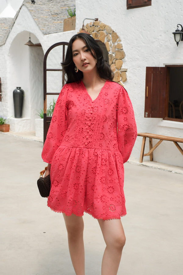 Crimson Floral Eyelet Babydoll Dress