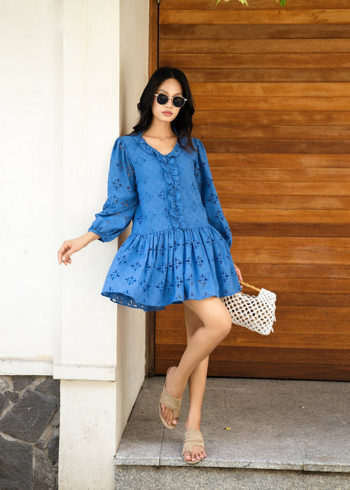 Azure Eyelet Flutter Dress — FAIFO made-to-measure blue eyelet dress