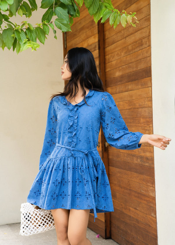 Azure Eyelet Flutter Dress