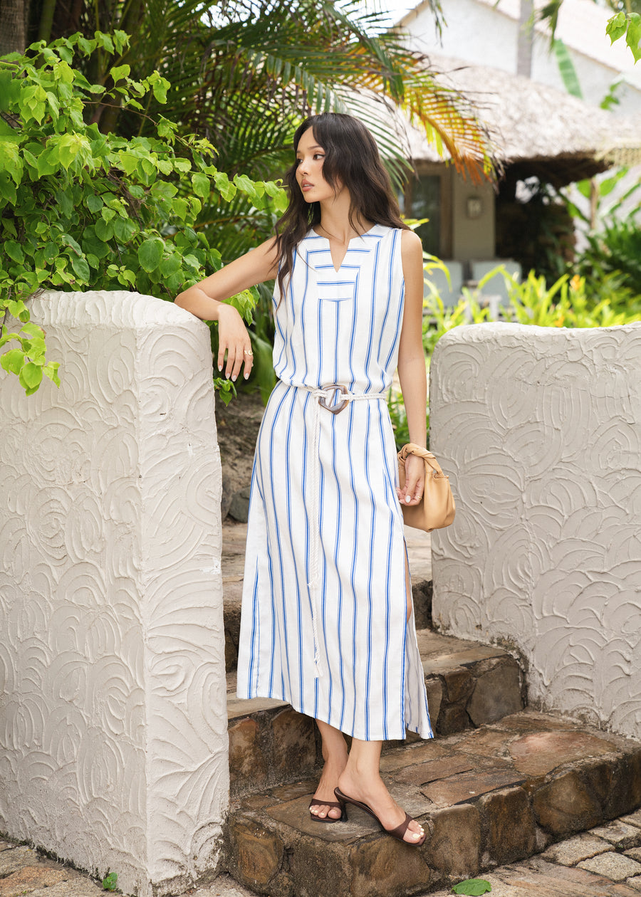 Marina Stripe Belted Midi Dress - FAIFO Sunlit Linen 1
