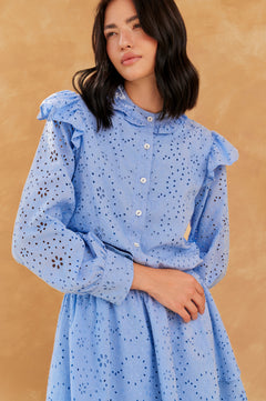 Đầm mini 2 tầng xanh biển cotton lỗ