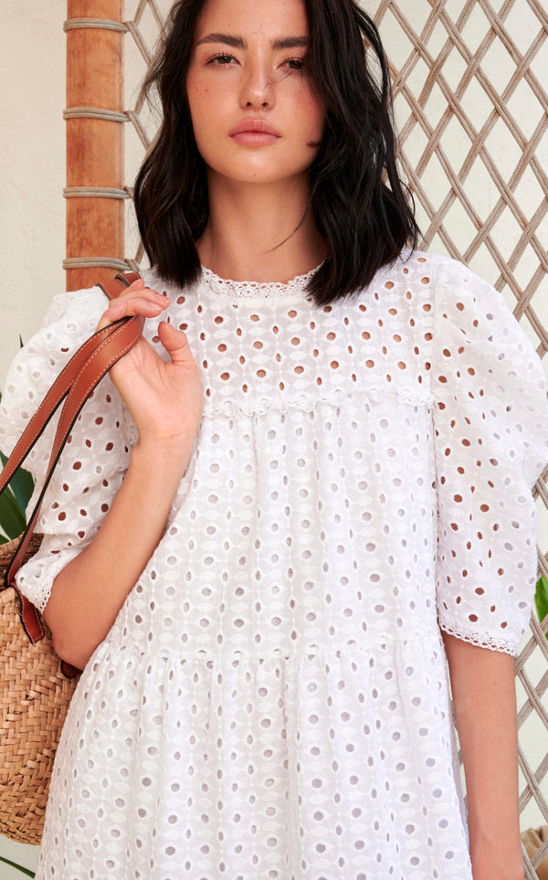 Golden Hour Puff-Sleeve Eyelet Dress